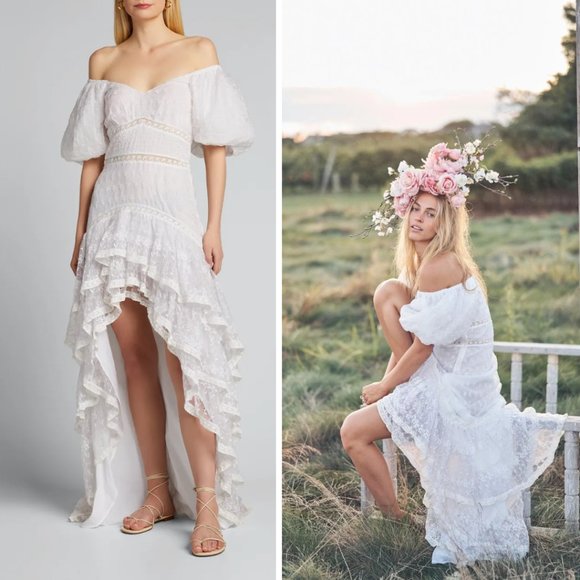 LoveShackFancy Cayden Silk High-Low Dress White Lace Eyelet Off Shoulder Gown - Picture 1 of 15